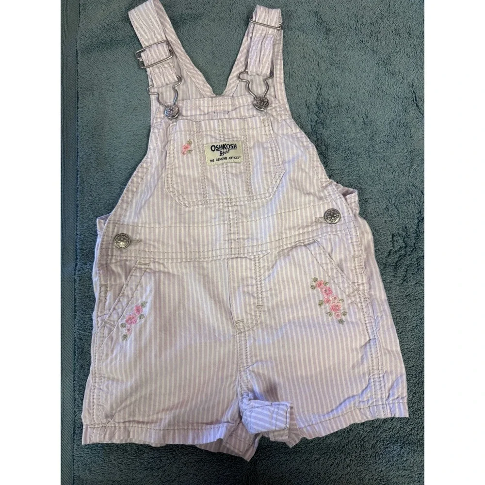 OshKosh Bgosh Girls Purple Hickory Stripe Floral Embroidered Shortalls‎ 18M